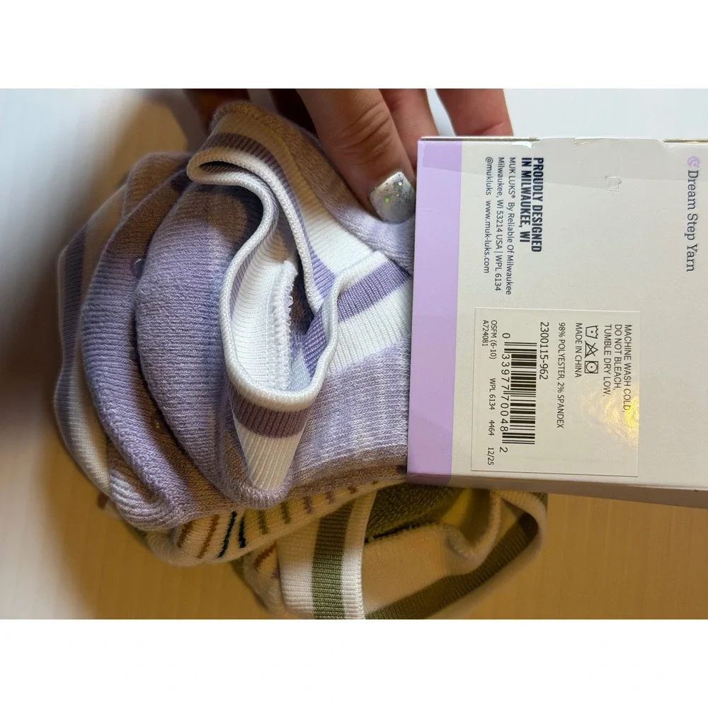 MUK LUKS Studio Socks Crossover Ankle Green Purple Striped Yoga Pilates 6-10